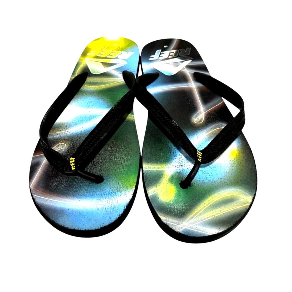 Reef flip flops sandals size 10 black & multicolor beachy casual shoes